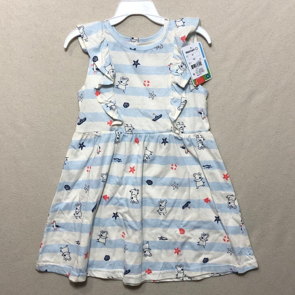 Peppa Pig Dress Girls 4T Blue White Striped Ruffle Sleeve Cotton Blend NEW